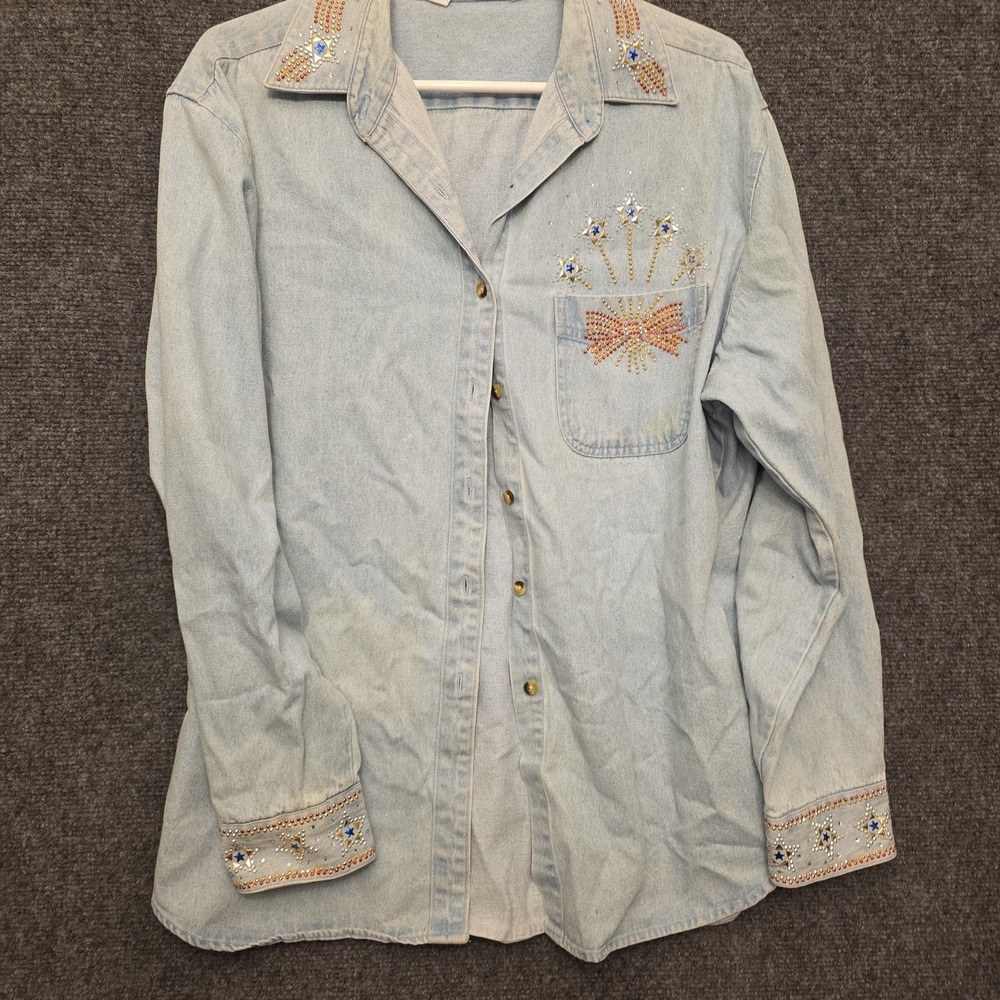 Drapers & Damon Button Up Shirt Womens L Blue Denim Rhinestone Patriotic Top